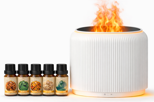 Flame Effect Essential Oil Diffuser Humidifier w/ LED Lights + 6x 10ml Woody Oil