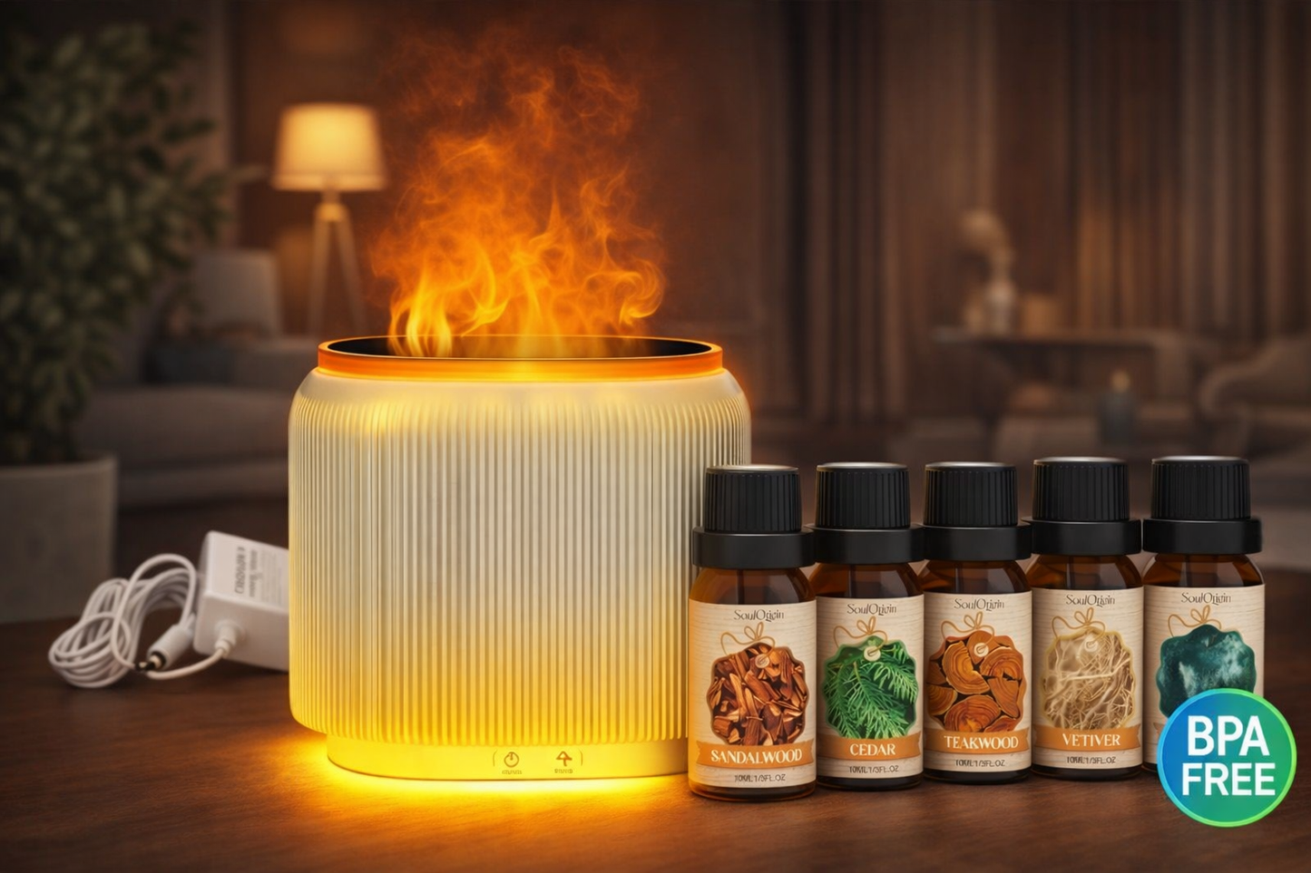 Flame Effect Essential Oil Diffuser Humidifier w/ LED Lights + 6x 10ml Woody Oil
