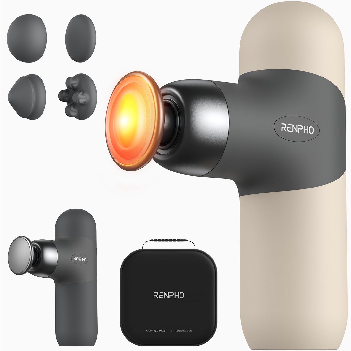 RENPHO Mini Thermal Massage Gun with Heat, Mothers Day Gifts, Portable Fashion Massager Gun, Color Silicone Sleeves, 4 Intensities, 4 Heads, Travel Size with Carry Case Grey