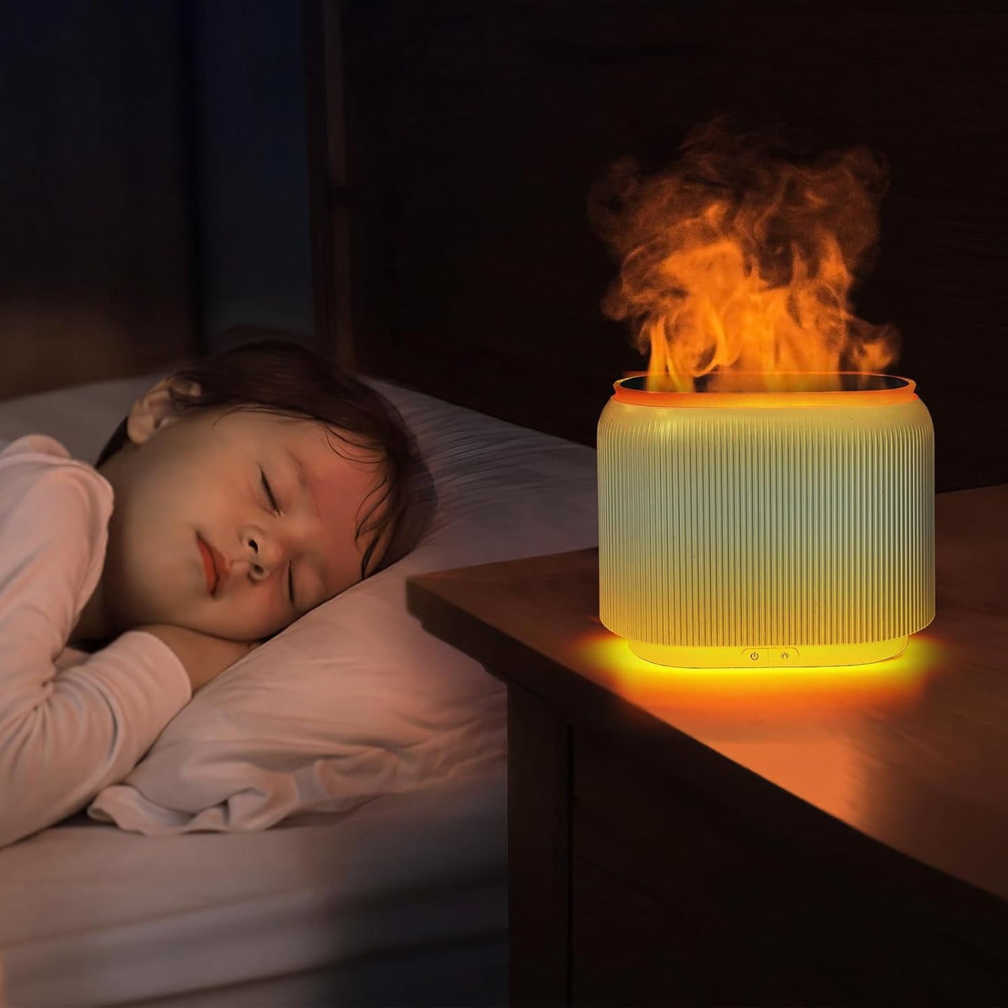 Flame Effect Essential Oil Diffuser Humidifier w/ LED Lights + 6x 10ml Woody Oil