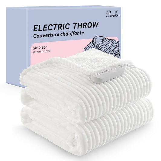 Reaks Electric Heated Throw Blanket, Silky Soft Flannel & Sherpa Heating Blanket Throw with 5 Heat Levels & 3 Hours Auto Off, Warm Gifts for Women Mom Grandma, ETL Certified (50x60 inches, White)