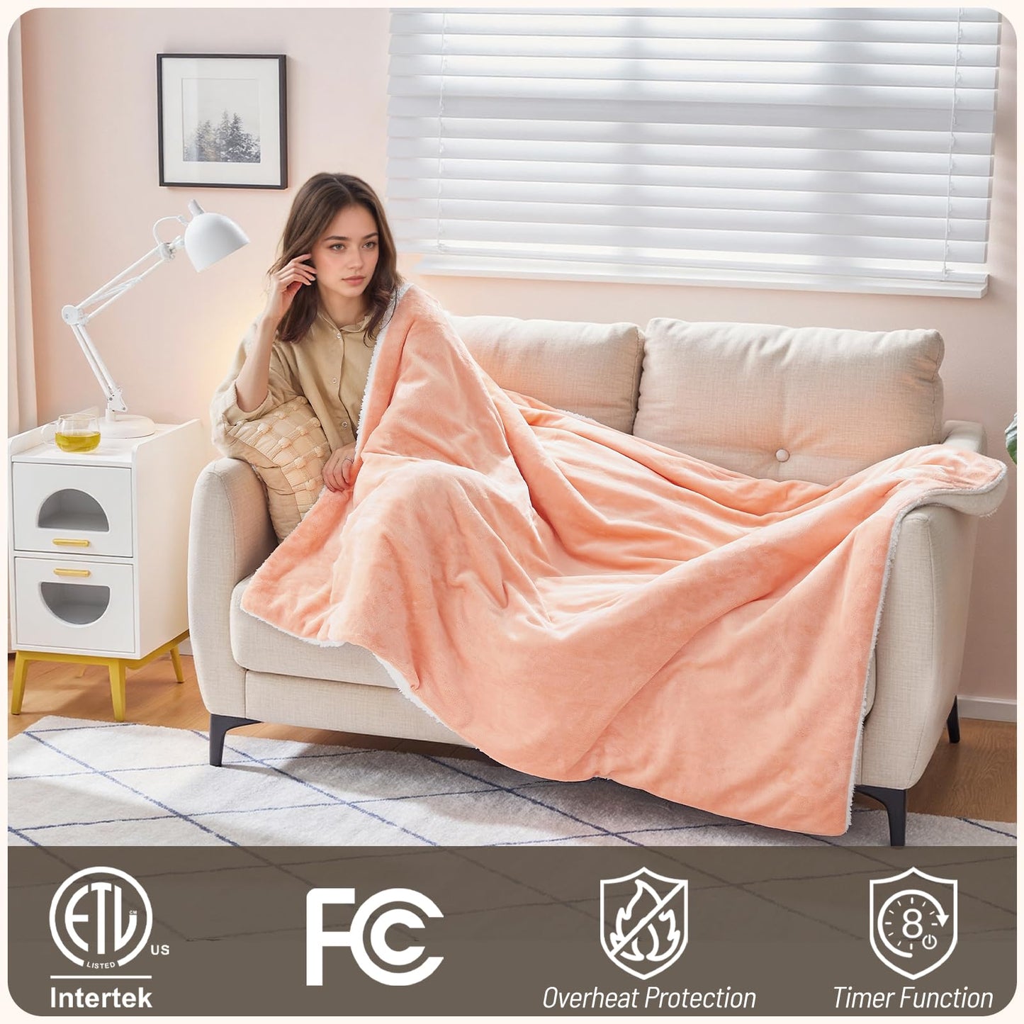 STHYTON Heated Blanket, Heated Throw 50"x60" - Soft Cozy Flannel & Sherpa Fabric Dual-Sided, 9 Heat Settings & 2-10 Hours Auto Off, Electric Heated Throw for Home Office, Light Coral Pink