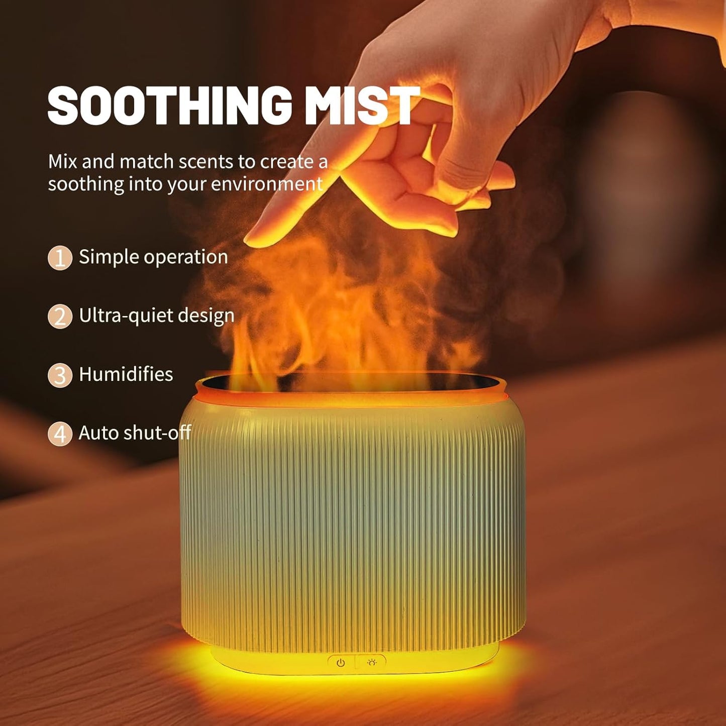 Flame Effect Essential Oil Diffuser Humidifier w/ LED Lights + 6x 10ml Woody Oil