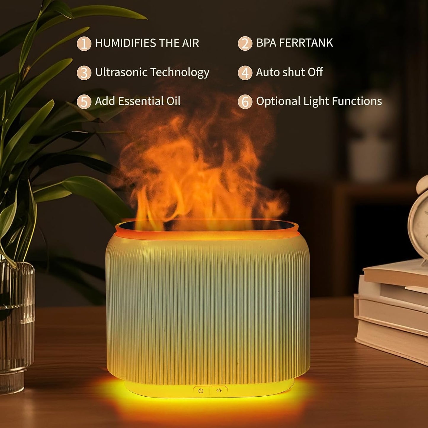 Flame Effect Essential Oil Diffuser Humidifier w/ LED Lights + 6x 10ml Woody Oil