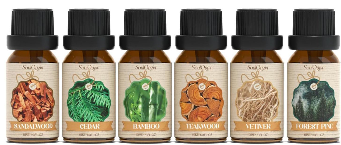 Flame Effect Essential Oil Diffuser Humidifier w/ LED Lights + 6x 10ml Woody Oil