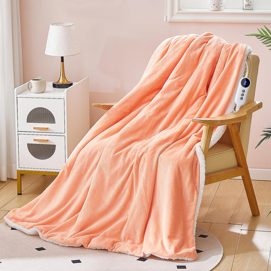STHYTON Heated Blanket, Heated Throw 50"x60" - Soft Cozy Flannel & Sherpa Fabric Dual-Sided, 9 Heat Settings & 2-10 Hours Auto Off, Electric Heated Throw for Home Office, Light Coral Pink