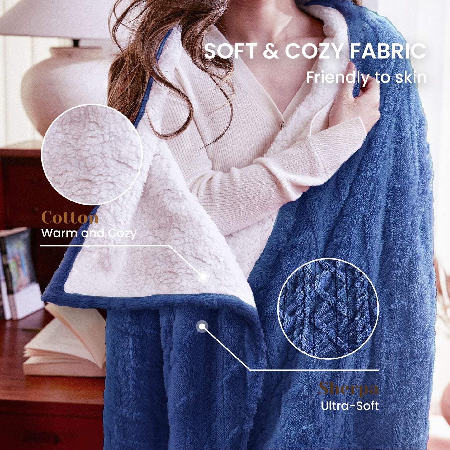 Aheadpret Heated Blanket-Electric Blanket 50"x60" Soft Heated Throw Blanket with 5 Heating Levels & 3 Hours auto-Off,Machine Washable(Blue